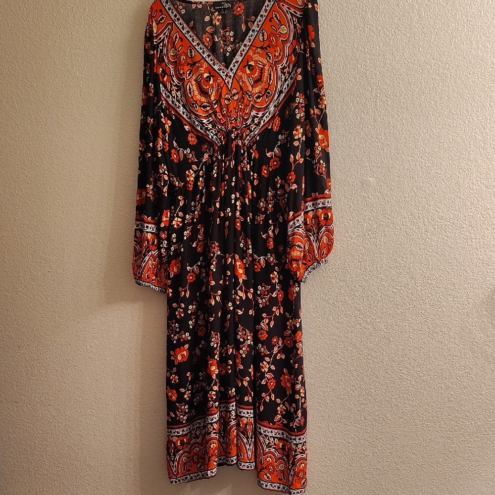NEW Suzanne Betro Size XL Black Orange Floral Long Bell Sleeve Midi Dress B48 X